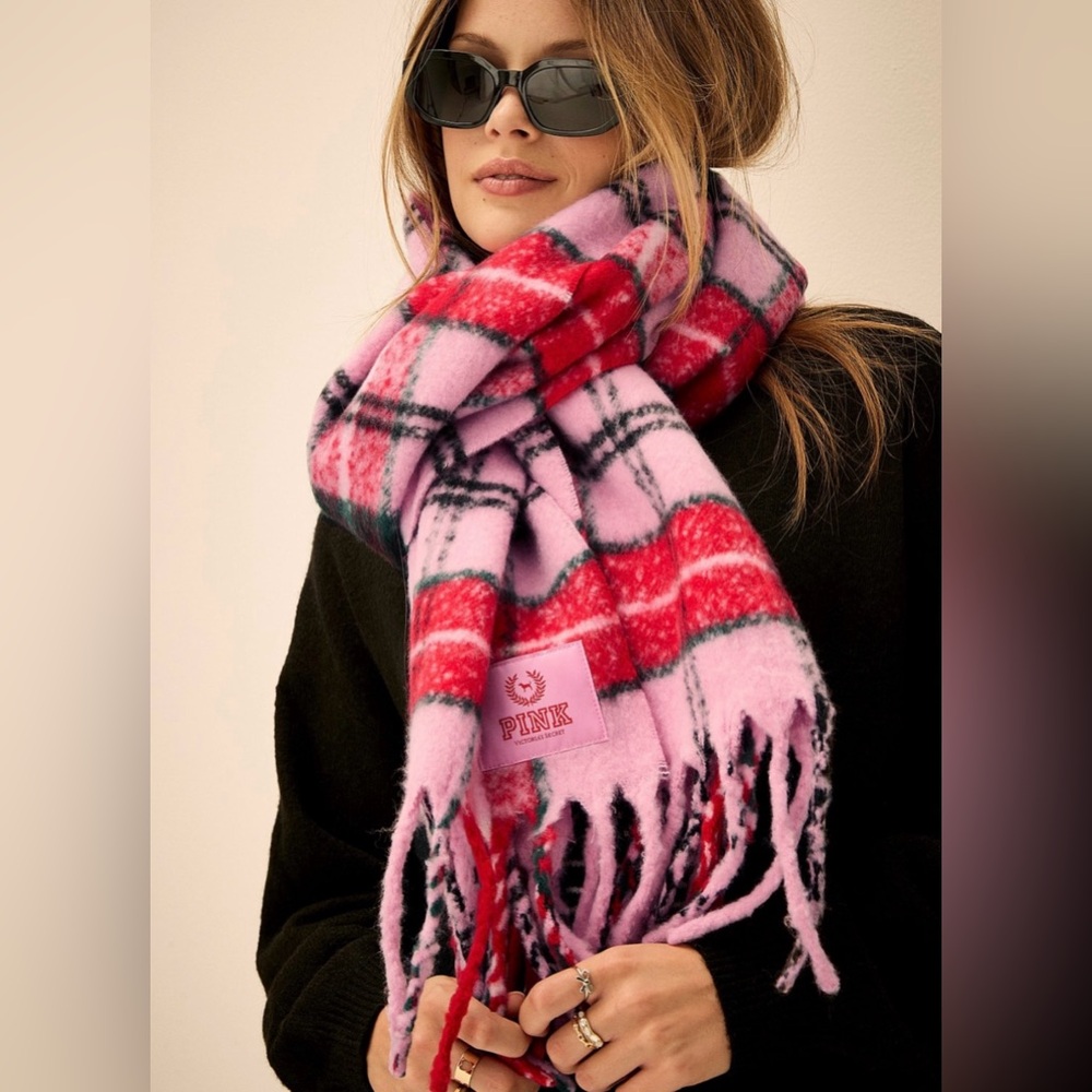 Victorias Secret Pink Oversized Scarf Pink Lollipop Plaid One Size NWT
